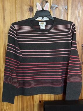 Talbots Charcoal Gray Crewneck Sweater with Pink & Red Stripes